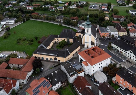 Drone shot, view of village, parish church, Vorchdorf, Traunviertel, Upper Austria, Austria