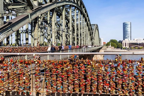 Hohenzollern Bridge Cologne. Hundreds of thousands of love locks adorn the bridge railings. City