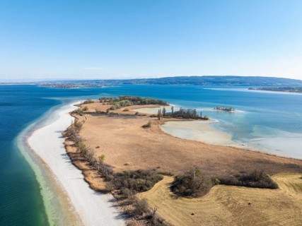 Aerial view of the Mettnau peninsula near Radolfzell on Lake Constance at low tide, the island of