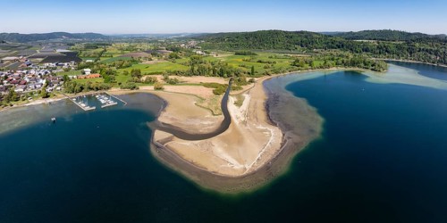 Aerial view, panorama of the mouth of the Stockacher Aach at low water, which flows into Lake