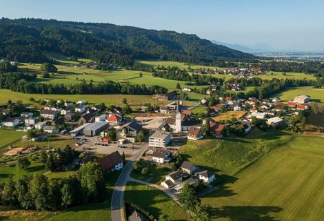 Drone image, view of village with parish church, Hohenweiler, Vorarlberg, Austria