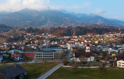 Drone image, residential buildings, settlement area, parish church, Thuringia, Großes Walsertal,
