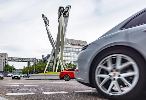 Porscheplatz Zuffenhausen with Porsche headquarters. Artwork Inspiration 911 by Gerry Judah with