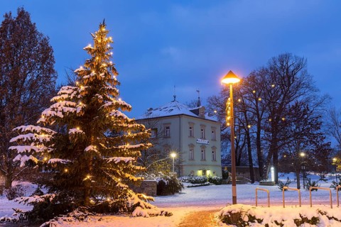 Christmas tree in front of the town hall, in the background the local history museum Karrasburg