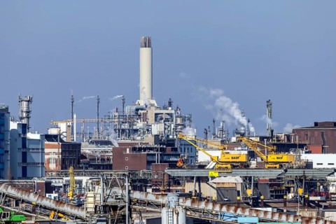 BASF plant, production building and smoking chimneys. Ludwigshafen on the Rhine,
