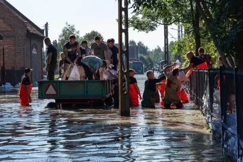 SCINAWA. POLAND - SEPTEMBER 21, 2024: Flood caused by heavy rainfall and river overflowing.