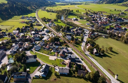 Drone image, residential buildings, view of the village, Pruggern, Ennstal, Styria, Austria