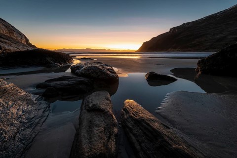 Evening in a sandy bay on the Norwegian European Sea, Söröya, Finnmark, December 2018