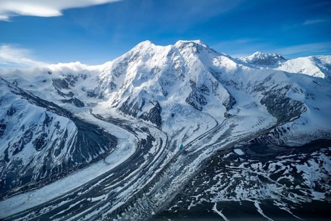 Mt Denali or Mount McKinley with East Fork Kahiltna Glacier, aerial view, Alaska Range, Denali