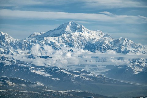 Panorama, clouds over high mountains, Mt Denali or Mount McKinley, aerial view, Alaska Range,