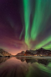 Aurora over the mountains and sea of Lofoten, Northern Lights, Northern Lights, Landscape, Leknes,