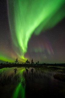 Northern Lights (Aurora borealis) reflected in a mountain lake, Norrbotten, Lapland, Sweden,
