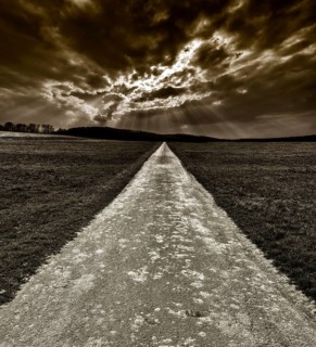 Bike path R1 with a dramatic cloudy sky, near Wesertal, Weser Uplands, Weserbergland, Hesse,