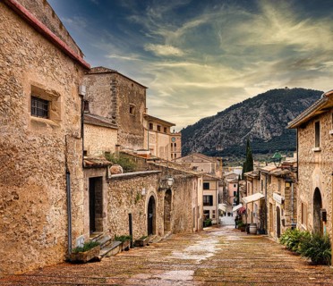 The Carer de Ferrá overlooking the old town of Pollenca, Majorca, Balearic Islands, Spain