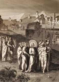 Pharisees try to trap Jesus, Is it right to pay taxes to Caesar or not, steel engraving 1853,