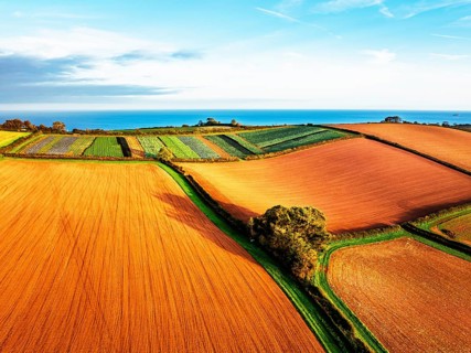 Colours of autumn Fields and Farms over Sheldon from a drone, Torbay, Devon, England, United
