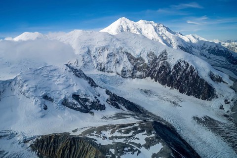 Mt Denali or Mount McKinley with glacier, aerial view, Alaska Range, Denali National Park, Alaska,