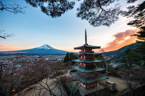 Five-story pagoda of a Shinto Shrine, Chureito Pagoda, with views of Fujiyoshida City and Mount