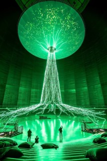 New exhibition at Gasometer Oberhausen, art sculpture The Tree, 40 meter high light installation,