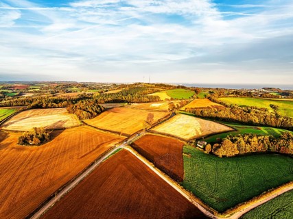 Colours of Devon Farms and Fields over Berry Pomeroy from a drone, Totnes, England, United Kingdom