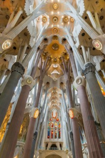 Interior view of the Familia Sagrada by the architect Antonio Gaudi in Barcelona, Spain