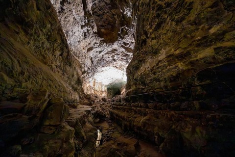 Underground cave formed by lava flow, illuminated lava cave, Cueva de los Verdes, Lanzarote, Canary