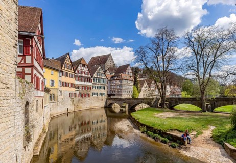 Panorama with Grasbödele and Steinerner Steg. City view of Schwäbisch Hall, Baden-Württemberg,