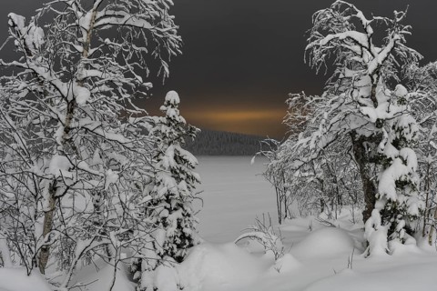 Winter evening in a snow-covered landscape, Gällivare, Norrbotten, Lapland, Sweden, January 2021