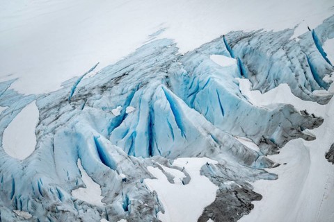 Blue rugged glacier ice with crevasses and snow, detail, Exit Glacier, Kenai Peninsula, Alaska, USA