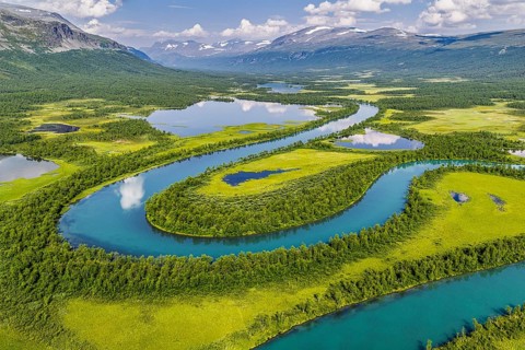 Aerial view of river Vistasjohka, branching river arms, turquoise colored river, Vistasvagge
