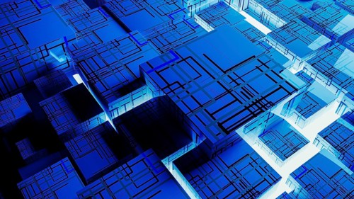 Vibrant abstract background showcases interconnected cubes, representing technology and data in a