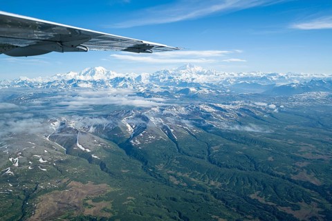 Mt Foraker and Mt Denali or Mount McKinley, aerial view, Alaska Range, Denali National Park,