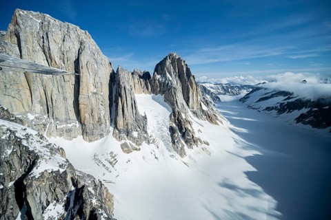 Cliffs, Kichatna Spires, snow and ice, epic mountains with glaciers, aerial view, Alaska Range,