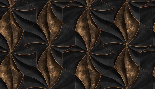 3D expensive wallpaper of architectural modules is black and brown with red gold frayed edges.
