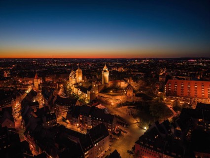 Aerial view, night view of Nuremberg's old town with the historic Kaiserburg, Nuremberg, Middle