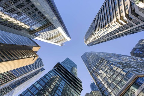 The skyscrapers of Frankfurt's skyline rise far into the sky, Frankfurt am Main, Hesse, Germany