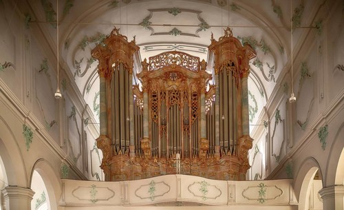 Interior view, main organ, organ gallery, St. Stephen's Protestant Church, Lindau, Bavaria, Lake