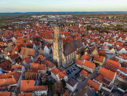 Aerial view of the historic old town of Nördlingen with the church of St. Georg and the 90-meter