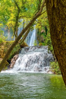 Beautiful landscape at La Caprichosa Waterfall in the Monasterio de Piedra Natural Park, Aragon,
