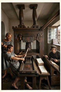 Illustration of a book printing press from 1520, letterpress, literature, book, leaflet, reading,