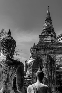 Stone Buddha statues, a temple tower in the back, Prang, historic Buddhist temple complex, black