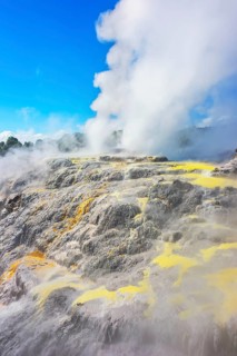 Prince of Wales and Pohutu geysers erupting, Te Puia Thermal Valley, Rotorua, Bay of Plenty Region,