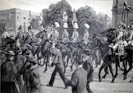 Picking up the standards from the Royal Palace in Berlin for the spring parade, 1896, Germany,