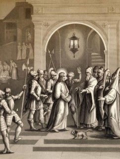 Jesus before Annas, Peter denies Christ, New Testament, steel engraving 1853, digitally restored