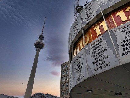 Gentle dusk over the Berlin World Clock and the Berlin TV Tower at Alexanderplatz, Alex, Mitte,