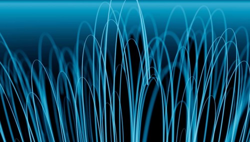 This abstract 3D render features flowing blue waves on a smooth gradient background, capturing a