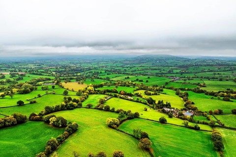 Autumn colours over Wales Farms and Fields from a drone, Grosmont, Abergavenny, Monmouthshire,