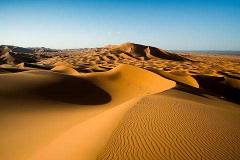 Sand dunes, sunset, near Merzouga, Meknès-Tafilalet region, Erg Chebbi, northern Sahara, Morocco