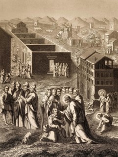 Healing the man blind from birth, New Testament, steel engraving 1853, digitally restored