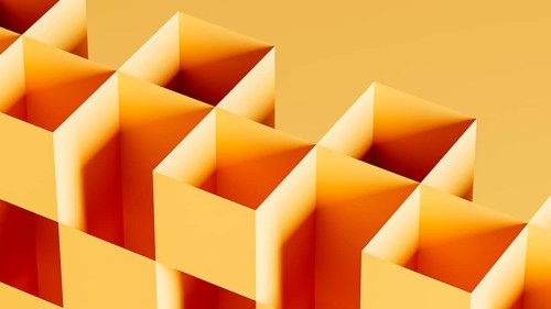 This graphic features an arrangement of 3D cubes in bright orange tones, forming an abstract